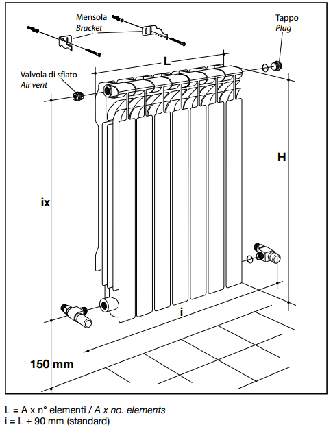 Technical dimensions of Hi-Therm AQUATIC Titano 500 aluminium radiator